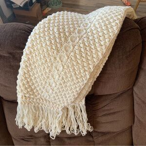 Cyril Cullen Irish Wool Aran Knit Throw Blanket Cream 100% Virgin Wool, Vintage